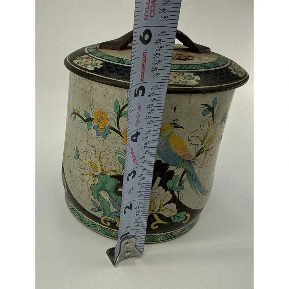 Vintage 1940s Chinoiserie Bird Floral Metal Tin Canister w/ Lid Handle